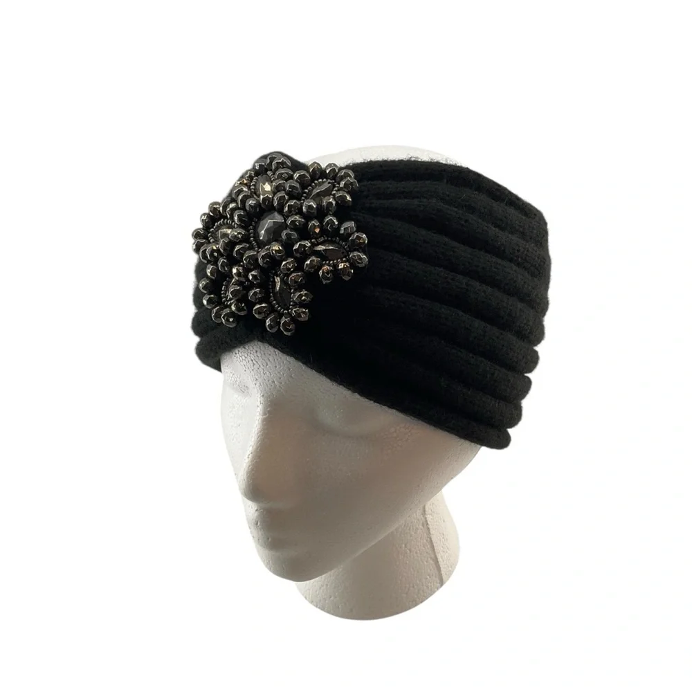 Stylish Black Knit Headband with Beaded Embellishment